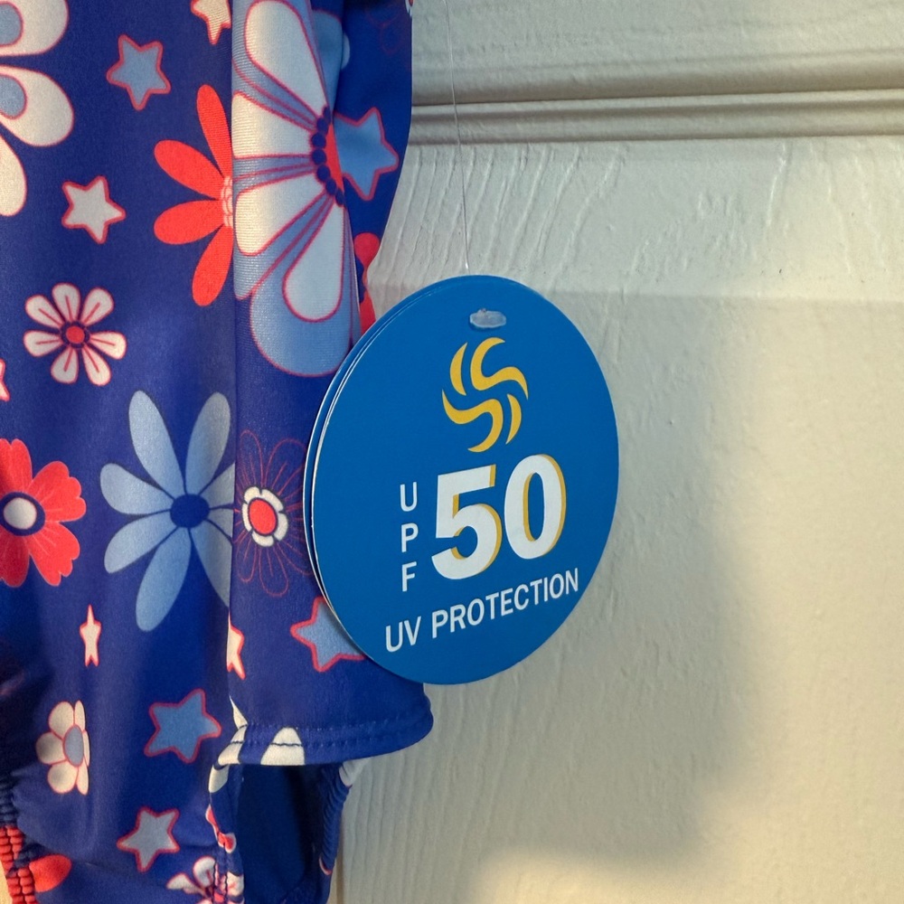 Baby Girls Blue Floral One Shoulder Swimsuit | Size 12M | NWT UPF 50 - Picture 2 of 4